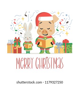 Vector festive illustration of a singing rabbit and piglet and the inscription Merry Christmas! Excellent for the design of postcards, posters, stickers and so on.