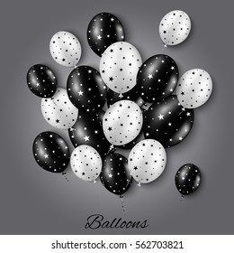Vector festive illustration of white and black balloon bunch with stars on gray background