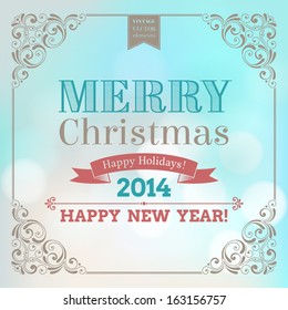 Vector festive inscription with ornamental elements on refocus background. Merry Christmas and Happy New Year greeting card