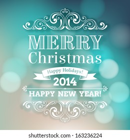 Vector festive inscription with ornamental elements on defocus background. Merry Christmas and Happy New Year greeting card