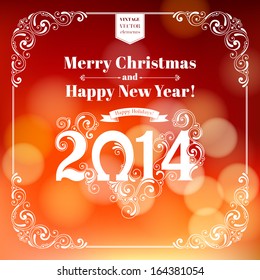 Vector festive inscription with ornamental elements on defocus background. Merry Christmas and Happy New Year greeting card