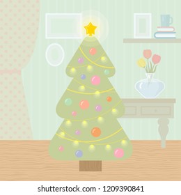 Vector festive interior with christmas tree decorated with star, balls, garlands. Flat style vector illustration isolated on white background.