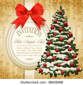 vector festive invitation to the Christmas tree and red bow