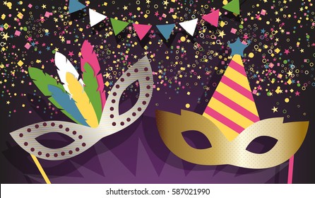 Vector festive Mardi Gras illustration with falling confetti and garlands. Carnival golden and silver masks on dark purple background. 