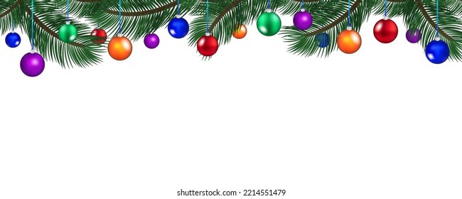 Vector festive New Year banner with fir branches and colored glass Christmas toys balls. Sample, empty center. White isolated background