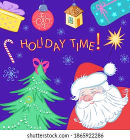 Año Nuevo festivo vectorial, postal de la ilustración de Navidad. Inscripción en tiempo de vacaciones, atributos de Año Nuevo, Papá Noel, árbol de Navidad, cajas de regalo, decoraciones de Año Nuevo, chuletero de Navidad, copos de nieve