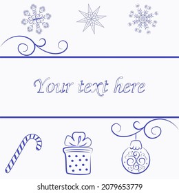 Cartel de Navidad de Año Nuevo, fondo, patrón, postal, enmarcado - contornos azules moderados de varios copos de nieve, dulces de Año Nuevo, pelota de Año Nuevo, caja de regalo, patrones, lugar para texto
