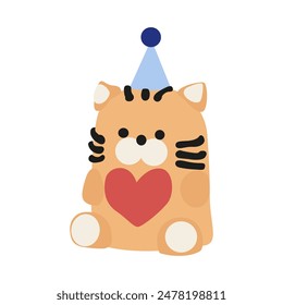 Vector festive orange cat with red heart and festive hat. Happy birthday collection with cartoon character animals. Hand drawn vector Birthday card with cute cartoon toys 