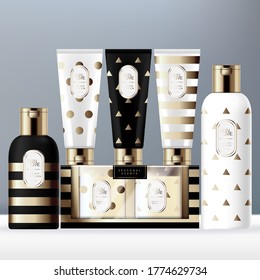 Vector festliche Verpackung Toilettenartikel Set mit Flasche, Tube & Zentrierkerze in Windows Karton Box. Gold verdichtetes Dreieck-, Spot- und Streifenmuster.