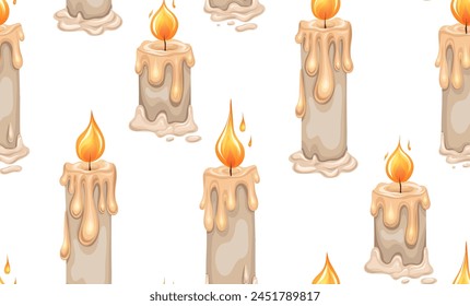 Vector festive pattern with cartoon wax candles with lights on white background. Vertical  ritual texture with white paraffin candles for textile, wallpaper. Religion backdrop. 