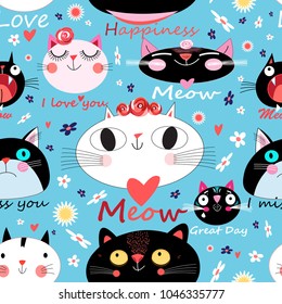 Vector festive pattern with portraits of enamored cats on a floral background. Template for the design of business cards, postcards, poster sites and much more.