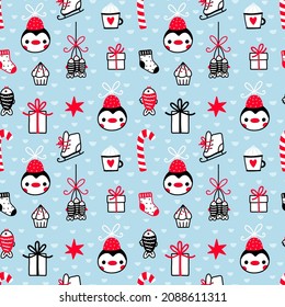 Vector festive penguin pattern. Seamless background with cute penguin character, fish, gift box, candy cane.