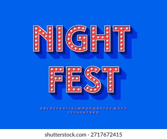 Vector Cartel festivo Night Fest. Elegante fuente eléctrica de la bombilla. Letras y Números con Lámparas estilo Retro.