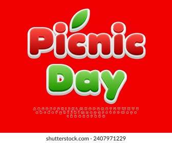 Vector festive poster Picnic Day with decorative Leaf. Bright Red Font. Modern style Alphabet Letters and Numbers set