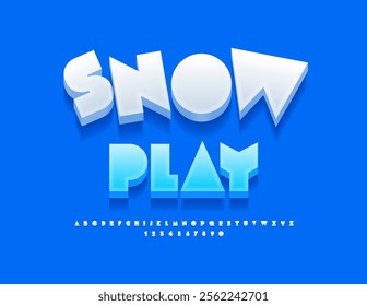 Vector festive poster Snow Play. Cool White Font. Winter 3D Alphabet Letters and Numbers set.