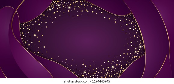 Vector de fondo morado festivo con confeti dorado brillante para invitaciones de texto, aniversario, cumpleaños de celebración. Efecto brillante dorado brillante. Marco oval de Navidad de Año Nuevo. Diseño de frontera de lujo