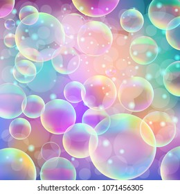 Vector. Festive rainbow background of soap bubbles, confetti sequin with bokeh effect, shimmers, colorful. Cheerful holiday. Soap balls are a realistic, 3D effect.