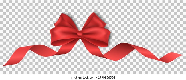Cinta vectorial, festiva, realista, roja con arco aislado sobre fondo transparente para navidad, año nuevo, fiesta, venta o cumpleaños. Lujo, cinta de seda. Elemento de diseño realista para las vacaciones. EPS 10.