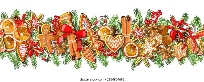 Vector festive seamless border isolated on white background. Gingerbreads and New year and Christmas symbols. Endless template for your design, announcements, postcards, posters.