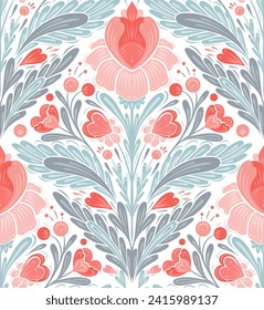 Patrón floral sin fisuras vectorial para el día de San Valentín. Textura decorativa de arte folclórico con flores, corazones y tallos rosados simétricos con follaje en colores pastel para papel pintado y papel envolvente