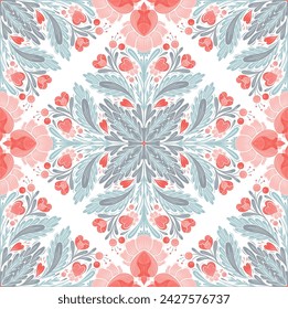 Vector festive seamless floral pattern. Decorative folk art texture with geometric flowers, hearts and stems with foliage in pastel colors for shawl, blanket, wallpaper and wrapping paper