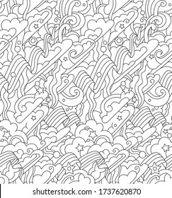 Vector festive seamless pattern. 4 July, Veterans Day, Flag, Stars, Fireworks, Rainbow, Clouds, Antistress coloring vector. Coloring page. Independence Day July 4th. Memorial day fireworks. 