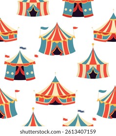 Vector festive seamless pattern with circus vintage tents on white background. Cheerful texture with colorful carnival marquees for wrapper and wallpaper