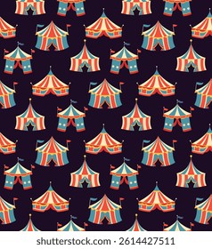 Vector festive seamless pattern with circus vintage tents on dark background. Retro texture with colorful carnival marquees for wrapper and wallpaper
