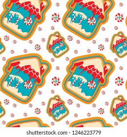 Vector festive seamless pattern with gingerbread houses. Christmas colorful background