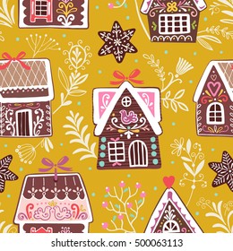 Vector festive seamless pattern with gingerbread houses. Christmas colorful background