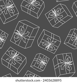 Vector. Festive seamless pattern. Hand drawn gift boxes. Fun outline drawing. Pattern for birthday parties, textiles, banners, wallpapers, wrapping.
