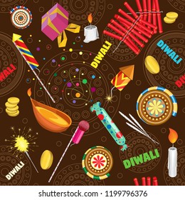 Vector festive seamless pattern for the holiday light diwali. On a dark brown background with Indian ornaments.