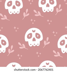 Vector festive seamless pattern with sugar skull on pink background. Mexican Day of Dead skeleton ornament Illustration. Print for fabric, textile, kids and baby clothes, paper wrapping, wallpaper.