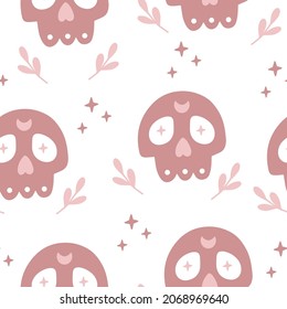 Vector festive seamless pattern with sugar skull on white background. Mexican Day of Dead skeleton ornament Illustration. Print for fabric, textile, kids and baby clothes, paper wrapping, wallpaper.