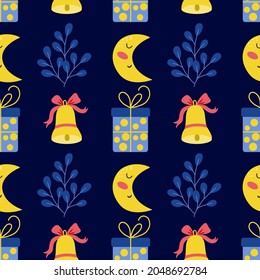 Vector festive seamless pattern with winter graphic elements - moon, gift box, bell, leaves on a blue background. Perfect for wrapping paper, wallpaper, textiles, christmas print for party decoration