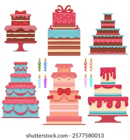 Vector festive set of cakes and candles in flat style. Collection of baked pies with different decorations. Cake creator. Wedding and birthday cakes with icing, berries and ribbons.