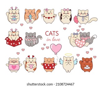 Fiesta vectorial con gatos lindos en diferentes poses. Día de San Valentín, un feriado de amor. Ilustraciones de dibujos animados para crear postales, carteles, pancartas, invitaciones, grabaciones para niños