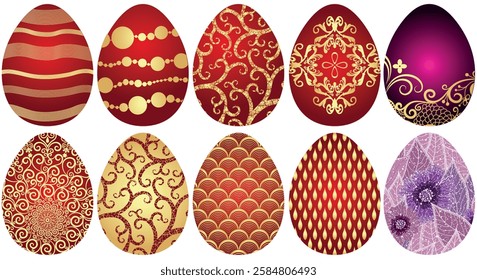 Vector festive set of decorated colorful Easter eggs on transparent background