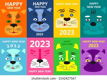 Vector festive set design template New Year 2023 card. Funny abstract animals. Vertical flat digital eps pattern image 
of cat for congratulatory typography poster, souvenir, gift