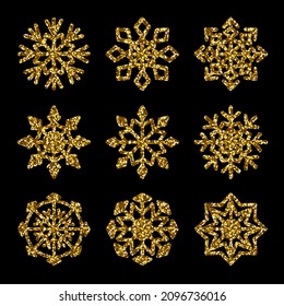Vektorfestivals mit goldener Schneeflocken einzeln auf schwarzem Hintergrund.