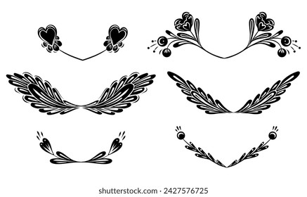 Vector festive set of monochrome floral frames. Decorative folk art cliparts with black flowers, hearts and stems with foliage isolated from background for invitation, divider and your creativity.