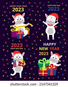 Vector festive set of rabbit with gifts.
Design template New Year 2023 card. 
Funny animals. Flat digital baby eps pattern for congratulatory typography card, poster, souvenir, stickers, calendars