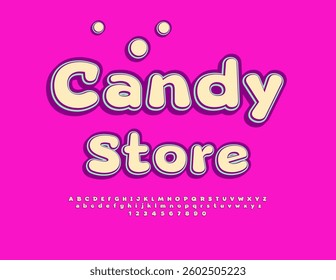 Vector Festive signboard Candy Store. Bright Cartoon style Font. Joyful Kids Alphabet Letters and Numbers set.