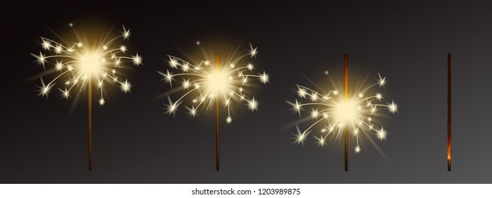 Vector festive sparklers set - process of burning with sparkles, Christmas element isolated on dark background. Realistic firework, bright glowing till smoldering. Flares with flames, fire closeup.