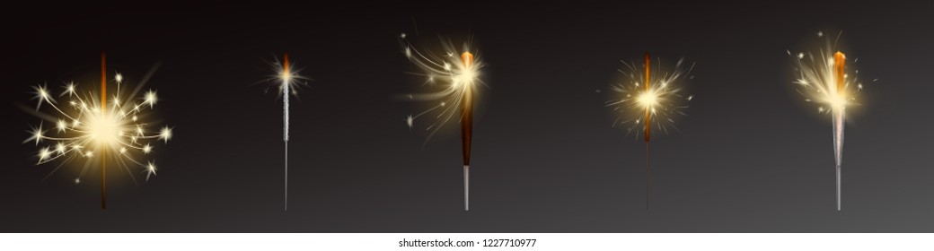 Vector festive sparklers set. Wind blows sparks, process of burning. Holiday element isolated on dark background. Realistic firework, bright glowing till smoldering. Flares with flames, fire closeup.