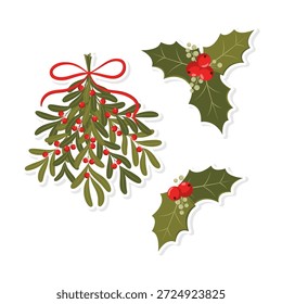 Conjunto de adesivos festivos vetoriais: buquê de ramos de visco decorados com um arco vermelho, bagas de Natal holly com folhas verdes. Ilustração plana isolada sobre um fundo branco.