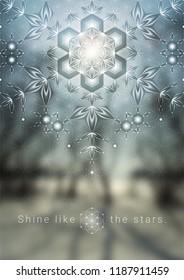 Vector festive template of banner, poster or greeting card for web or print; Spiritual sacred geometry; Frost on the window glass; Snowflake and winter landscape.