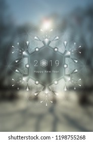 Vector festive template of banner, poster or greeting card for web or print; Spiritual sacred geometry; Frost on the window glass; Snowflake and winter landscape.