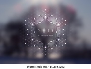 Vector festive template of banner, poster or greeting card for web or print; Spiritual sacred geometry; Frost on the window glass; Snowflake and winter landscape.