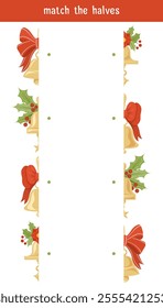 Vector festive template of childish educational game. Connect the halves of Christmas bells. Find the correct half of the illustration of xmas decoration. Printable template